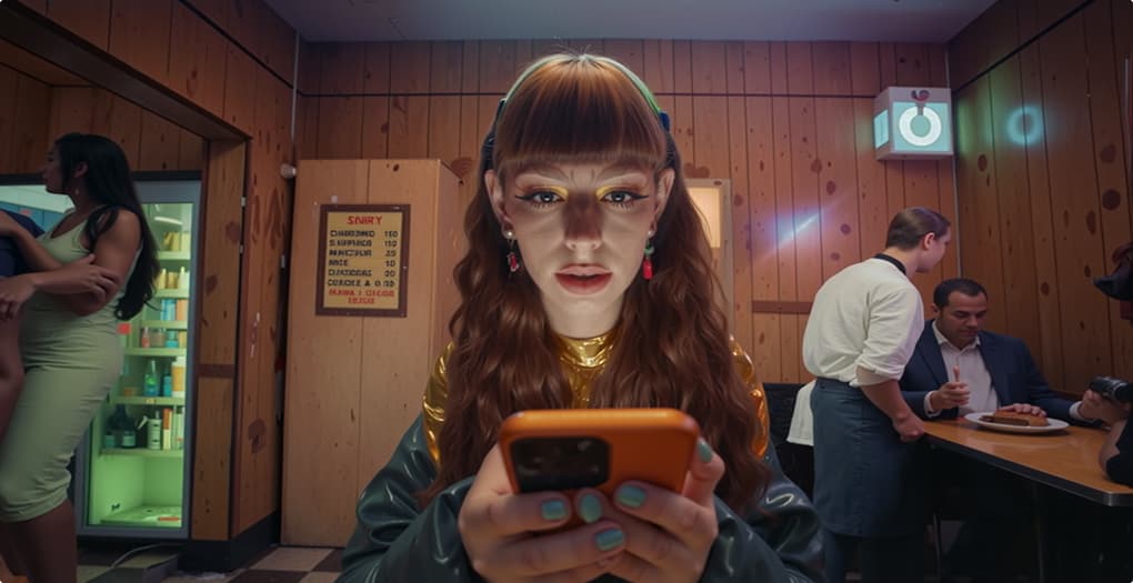 Woman with red hair looking intently at her smartphone in a retro-style diner
