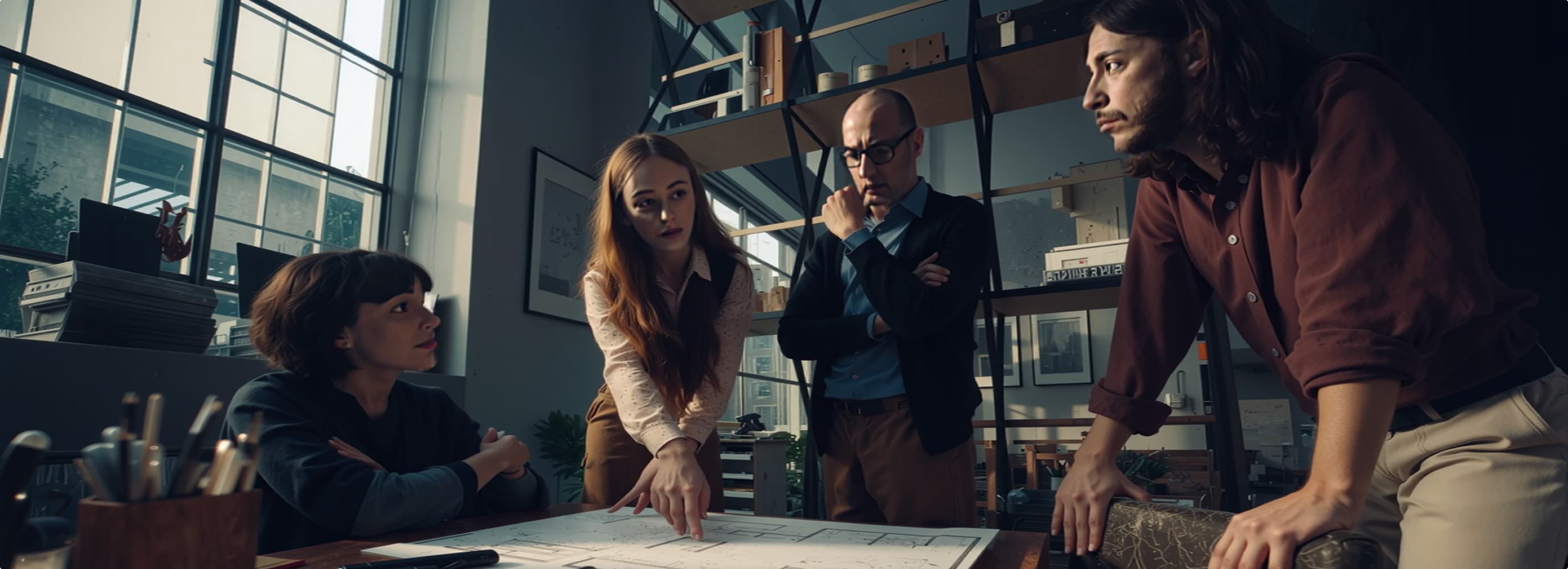 Creative team of four collaborating and reviewing documents in a modern office