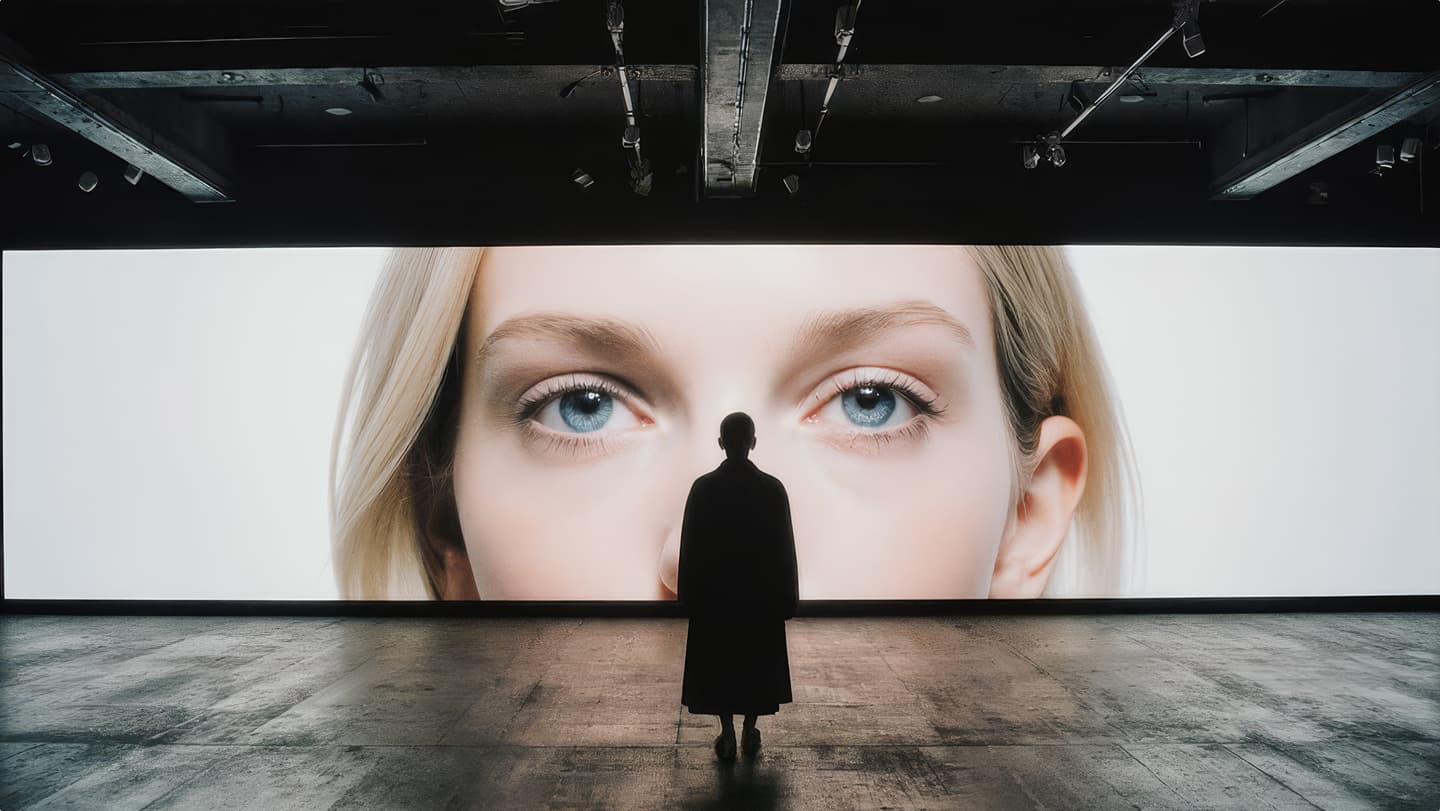 Silhouette of a person standing in front of a giant projection of a woman's face
